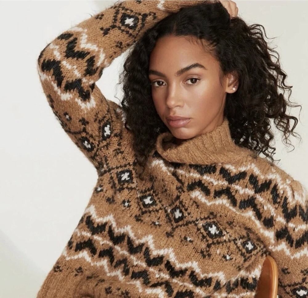 Veronica Beard Chiana Beaded Fair Isle Turtleneck Sweater Brown Size M Boho Fall